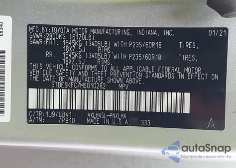 2021 Toyota Sienna Platinum z USA, uszkodzony, nr VIN 5TDESKFC7MS010282